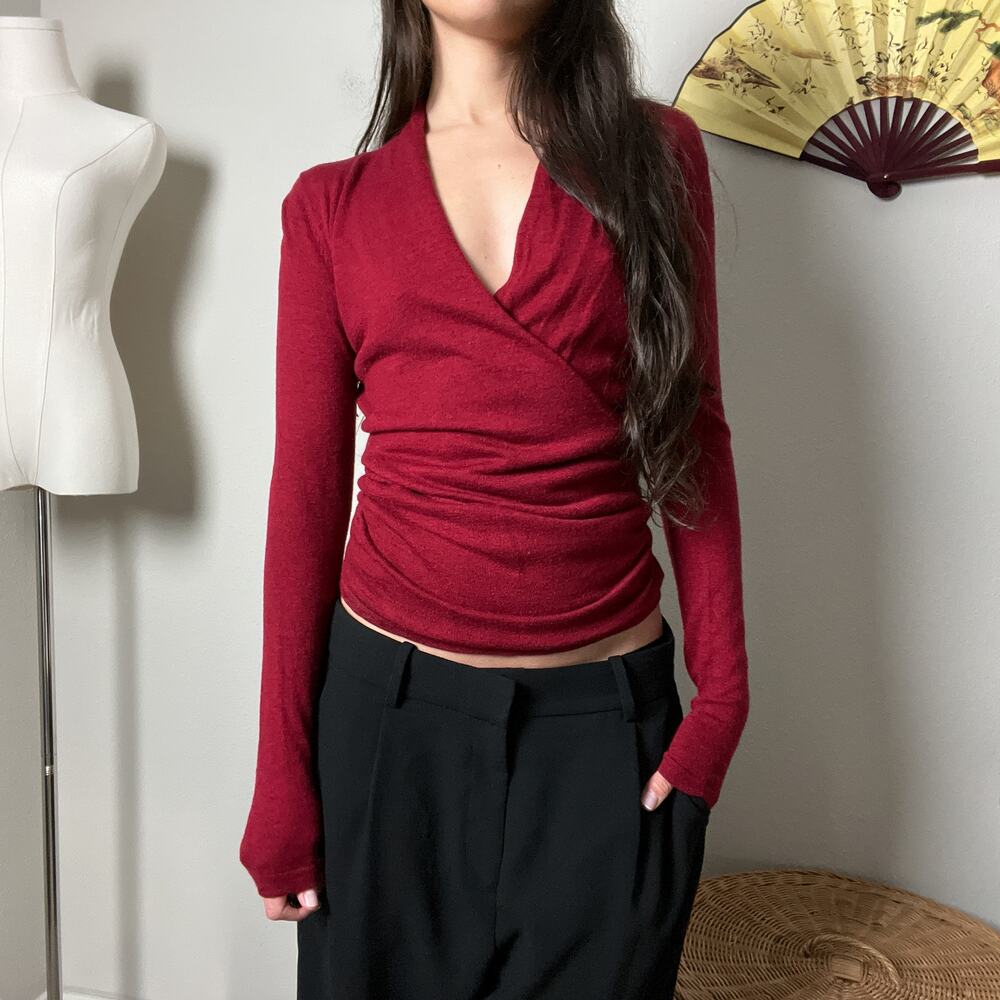 y2k red wool blend ruched draped v neck plunge fitted sweater long sleeve top